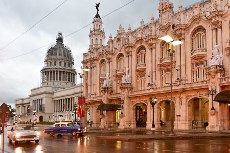 Havana, Cuba - January 7, 2017: Historic Hotel Inglaterra near the Central Park in Havana, Cuba with the Capitolio in the National Capital Building in the background.のeditorial素材