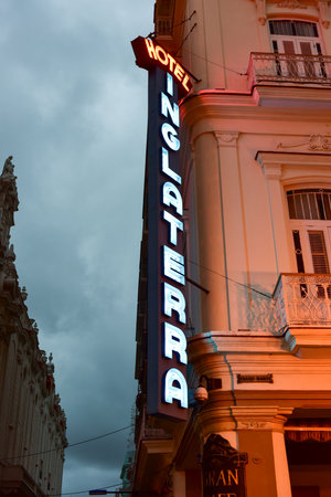 Havana, Cuba - January 7, 2017: Neon sign of the historic Hotel Inglaterra near the Central Park in Havana, Cuba.のeditorial素材