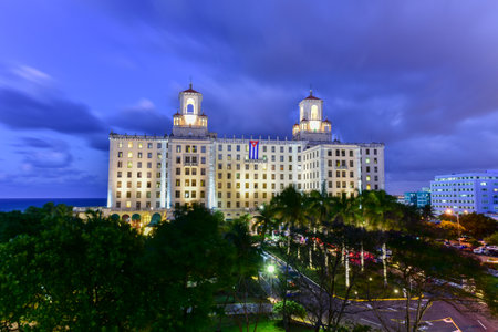 Aerial view of the National Hotel at dusk in Havana City, Cubaのeditorial素材