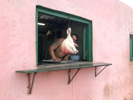 Pork shop on the streets of Trinidad, Cuba.のeditorial素材