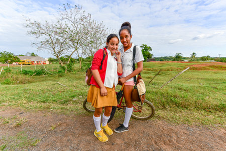 Vinales, Cuba - January 10, 2017: Cuban school girls in uniform, in Vinales, Cuba.のeditorial素材