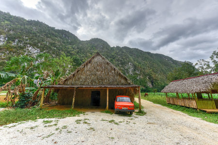 Vinales, Cuba - January 10, 2017: Old Russian Lada car parked in a hut in the Vinales valley, north of Cuba.のeditorial素材