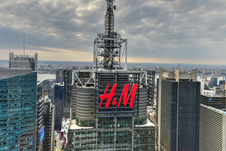 New York City - March 24, 2017: Aerial view of the H&M Sign in 4 Times Square in New York City.