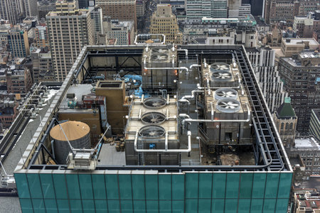 Mechanical equipment on the roof of a New York City skyscraper.のeditorial素材