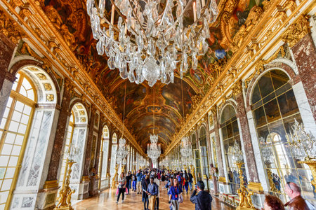 Versailles, France - May 14, 2017: The Hall of Mirrors in the Palace of Versailles in France.のeditorial素材