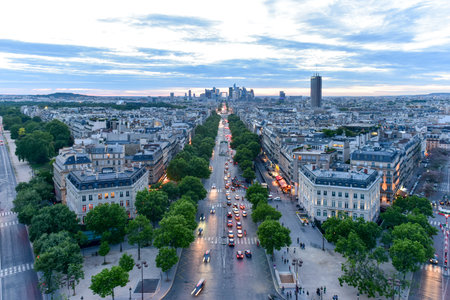 View of the Paris city skyline into the distance at dusk.