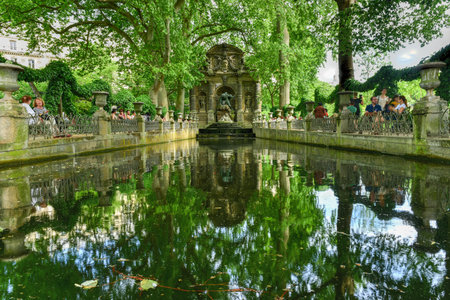 Paris, France - May 17, 2017: The Medici Fountain, monumental fountain in the Jardin du Luxembourg in the 6th arrondissement in Paris, France.のeditorial素材