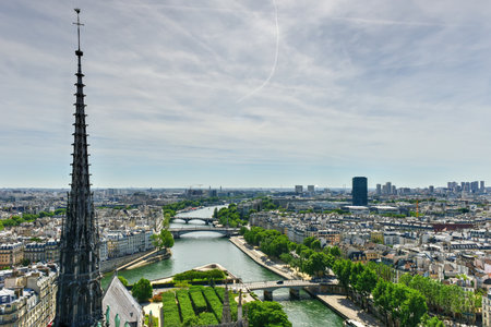 The Paris skyline from the Notre Dame de Paris, Cathedral in France.の写真素材