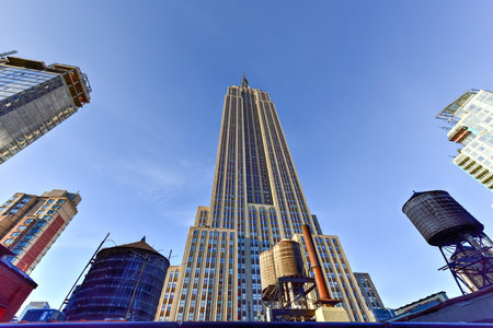 View looking up of the Empire State Building in New York City.