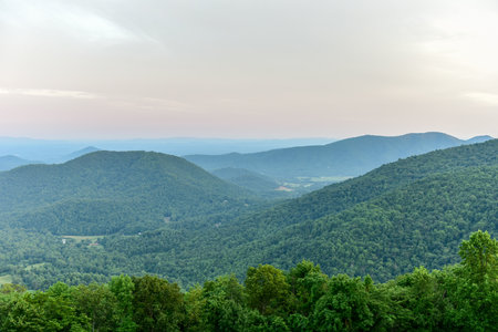 View of the Shenandoah Valley and Blue Ridge Mountains from Shenandoah National Park, Virginiaの写真素材