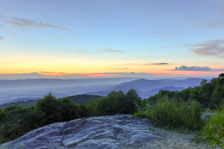 Sunset along the Shenandoah Valley and Blue Ridge Mountains from Shenandoah National Park, Virginiaの写真素材