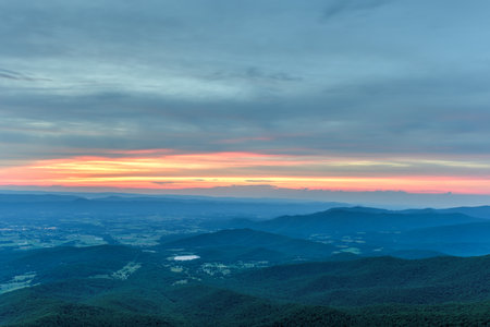 Sunset along the Shenandoah Valley and Blue Ridge Mountains from Shenandoah National Park, Virginiaの写真素材