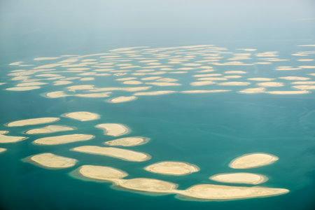 Aerial view of the new island project: The World in Dubai, United Arab Emirates