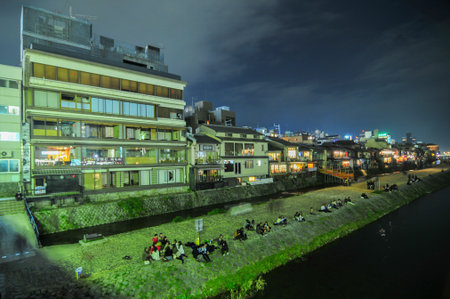 The Kamo River at night in Kyoto, Japanのeditorial素材
