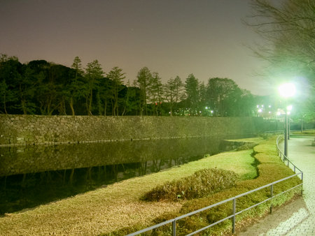 Tokyo, Japan Imperial Palace outer moat at night.のeditorial素材