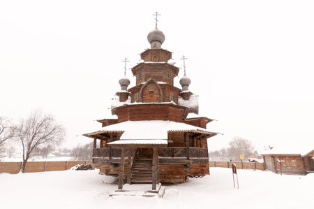The Wooden Church of the Resurrection of Christ in the Museum of Wooden Architecture and Peasants' Life on a Winter Day in Suzdal, Russia.の写真素材