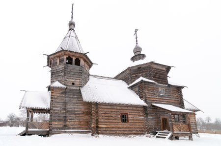 The Wooden Church of the Resurrection of Christ in the Museum of Wooden Architecture and Peasants' Life on a Winter Day in Suzdal, Russia.の写真素材