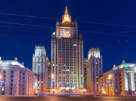 Ministry of Foreign Affairs building with illumination (Stalin skyscraper) at night in Moscow, Russia.の写真素材