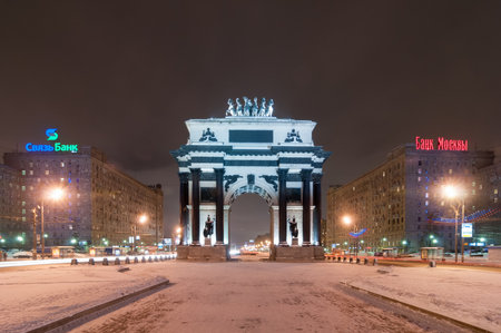 Moscow, Russia - January 2, 2010: Triumphal Arch of Moscow to commemorate Russia's victory over Napoleon at night.のeditorial素材