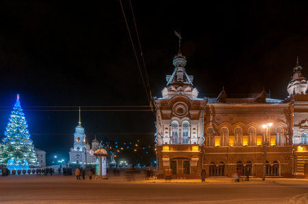 Decorated city square in Vladimir, Russia at nightの写真素材