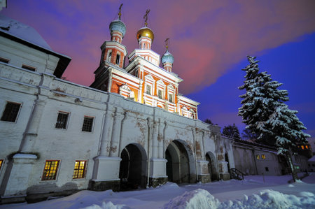 Russian orthodox churches in Novodevichy Convent monastery, Moscow, Russia at night during winter.の写真素材