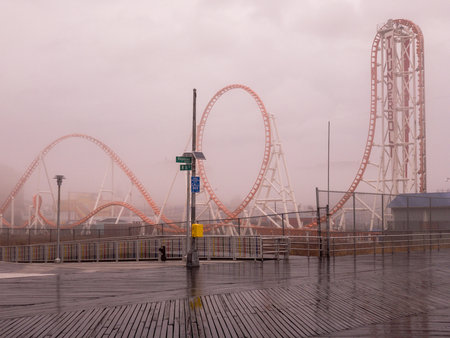 Brooklyn, New York - February 11, 2018: Thunderbolt Rollercoaster in Coney Island, Brooklyn on a foggy day.のeditorial素材