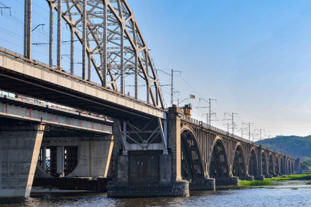 Darnytskyi Railroad Bridge in Kiev, Ukraine over the Dnieper River.