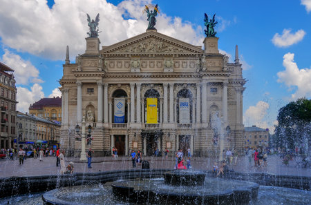 Lvov, Ukraine - July 4, 2009: Solomiya Krushelnytska State Academic Opera and Ballet Theatre (1897 - 1900) in Lviv, Ukraine. The theatre is built in Viennese neo-Renaissance style.のeditorial素材