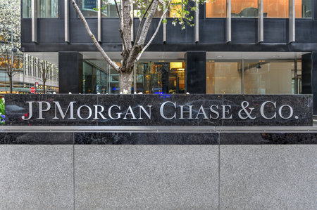 New York - April 14, 2018: The corporate sign in front of the JP Morgan Chase & Co office building on Park Avenue in New York City.のeditorial素材