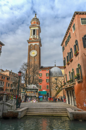 Bell tower of Church of the Holy Apostles of Christ in the Cannaregio sestiere of the Island of Venice in Italy.のeditorial素材