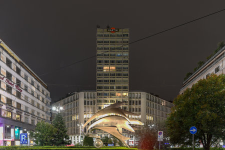 Milan, Italy - March 17, 2018:  Cityscape with the old skyscraper in Piazza Diaz in Milan, built by Luigi Mattioni in 1956, with the terrazza martini on the roof.のeditorial素材
