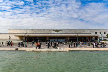 Venice, Italy - March 20, 2018: Entrance to the Venice St. Lucia railway station (Stazione di Venezia Santa Lucia) where Trenitalia trains stop.のeditorial素材