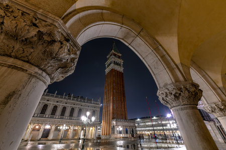 The bell tower in Saint Mark's Square in Venice, Italy at night.のeditorial素材