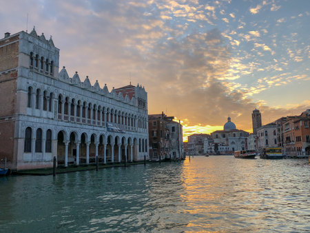 View along the Grand Canal in Venice, Italy at sunset.のeditorial素材