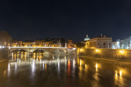 View of the Vatican and Ponte Vittorio Emanuele II at night in Rome, Italyのeditorial素材