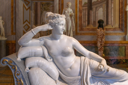 Rome, Italy - March 25, 2018: Marble statues in Villa Borghese in Rome, Italy.のeditorial素材