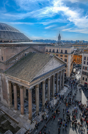 Rome, Italy - March 25, 2018: Aerial view of the ancient Pantheon church in Rome, Italy.のeditorial素材