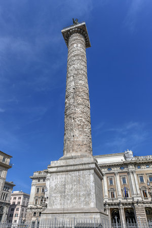 Marble Column of Marcus Aurelius in Piazza Colonna square in Rome, Italy. It is a Doric column about 100 feet high built in 2nd century AD and featuring a spiral relief.のeditorial素材