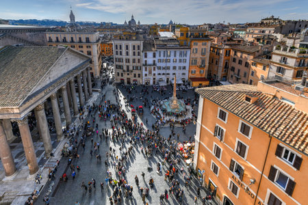 Rome, Italy - March 25, 2018: Aerial view of the ancient Pantheon church in Rome, Italy.のeditorial素材