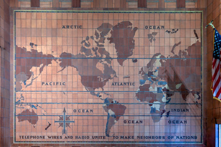New York City - October 14, 2018: World Map Art Deco mural in the AT&T Long Distance Building. It is...