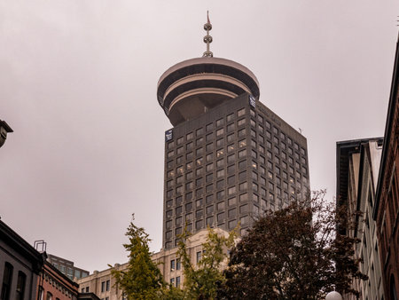 Vancouver, Canada - September 30, 2018: Harbour Centre, located on West Hastings Street was opened in 1997. It is one of tallest and most iconic landmarks of Metro Vancouver. British Columbia, Canada.のeditorial素材