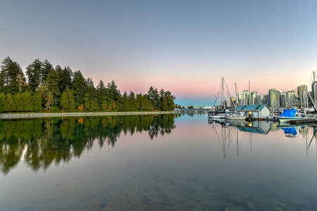 Vancouver Downtown Skyline at dusk from Stanley Park, Canada.のeditorial素材