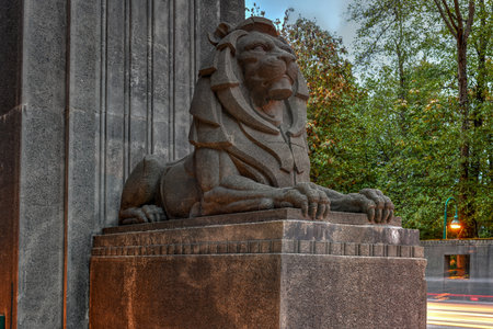 Lion monuments at the entrace to the Lions Gate Bridge in the evening in Vancouver, BC, Canadaの写真素材