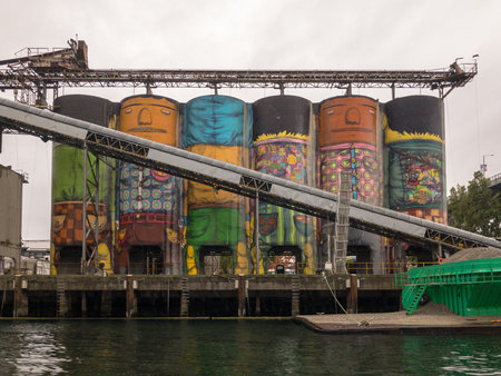 Ocean Concrete is Granville Island last tie to to its industrial past, and now 6 concrete silos are being transformed by two famous Brazilian street artists Os Gemeosのeditorial素材