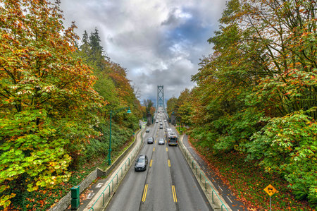 Lions Gate Bridge as seen from Stanley Park in  Vancouver, Canada with autumn leaves. The Lions Gate Bridge, opened in 1938, officially known as the First Narrows Bridge, is a suspension bridge.のeditorial素材