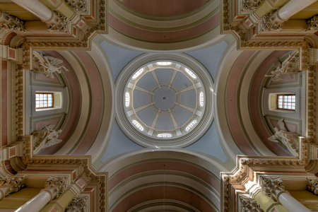 St Petersburg, Russia - July 3, 2018: The Catholic Church of St Catherine with monumental arched portal on self-supporting columns, located in Nevsky Prospekt, St Petersburg, Russia.のeditorial素材
