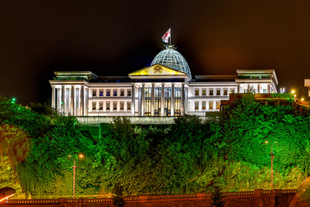Presidential Administration of Georgia (Presidential palace) at night in Tbilisi, Georgia.の写真素材