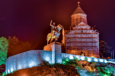 Tbilisi, Georgia - July 10, 2018: Equestrian Statue of King Vakhtang Gorgasali at night beside...
