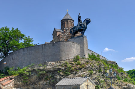 Tbilisi, Georgia - July 10, 2018: Equestrian Statue of King Vakhtang Gorgasali beside Metekhi...