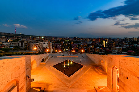Yerevan Cascade Complex, a giant stairway made of limestone in Yerevan, Armenia. It links the...